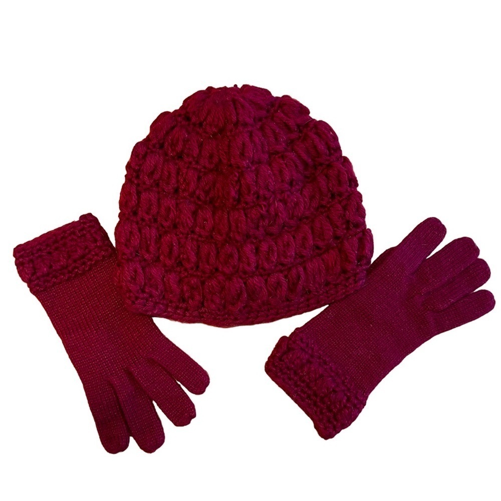 Vintage maroon Hand-Knit Crochet Winter Hat and Gloves​​​​​​